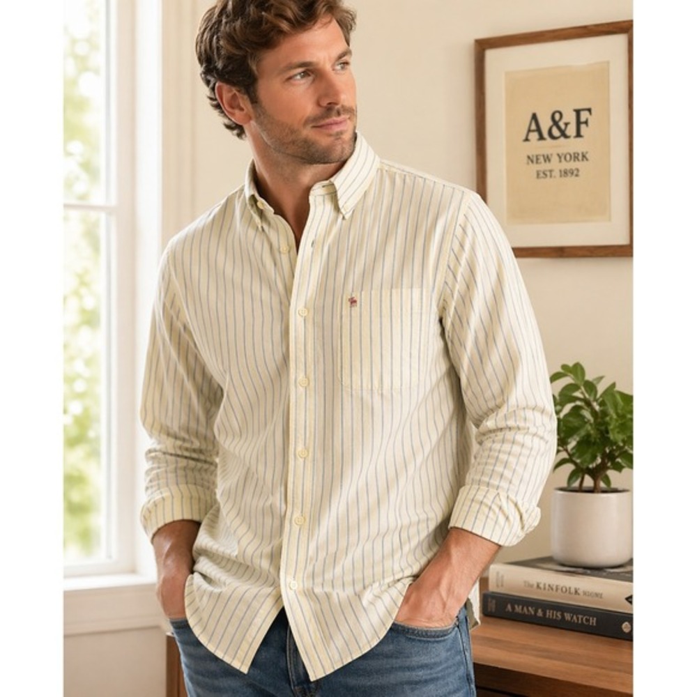 Abercrombie & Fitch Striped Button Down Shirt Men's XXL Yellow‎ Blue Cotton
